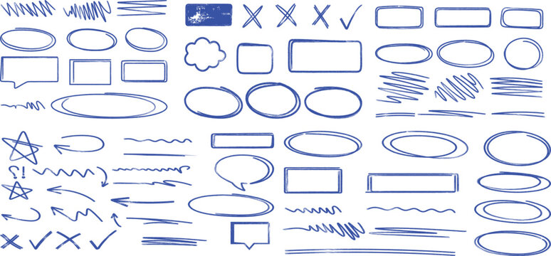 Blue hand drawn annotation frames, highlights, arrows and scribble elements vector pack.