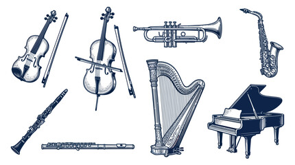 Classical orchestra musical instruments collection in etched style © Wijil