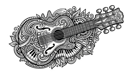 Ornate acoustic guitar with musical patterns and piano keys © Wijil