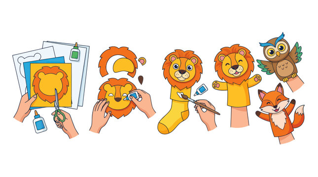 Step by step process of creating animal hand puppets for kids