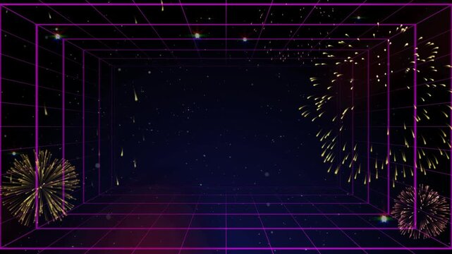 Glowing purple grid tunnel animation with vibrant exploding fireworks in deep space background for motion video footage
