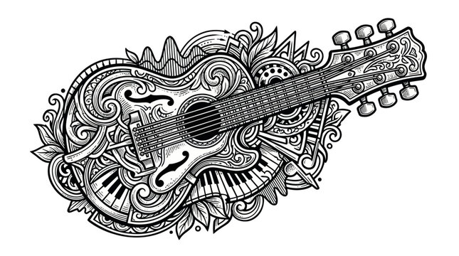Ornate acoustic guitar with musical patterns and piano keys