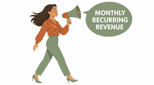 Woman with megaphone announcing monthly recurring revenue.