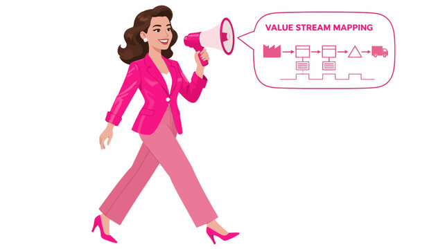 Businesswoman in pink suit holding megaphone and value stream map.