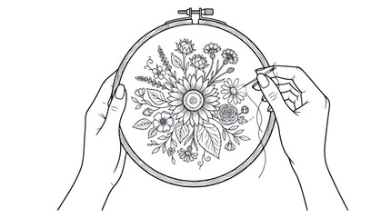 Hands stitching floral sunflower pattern in embroidery hoop © Wijil