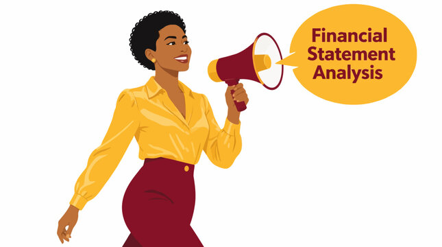 Woman with megaphone announcing financial statement analysis.
