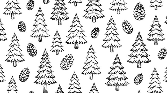 Hand drawn pine trees and pine cones pattern.