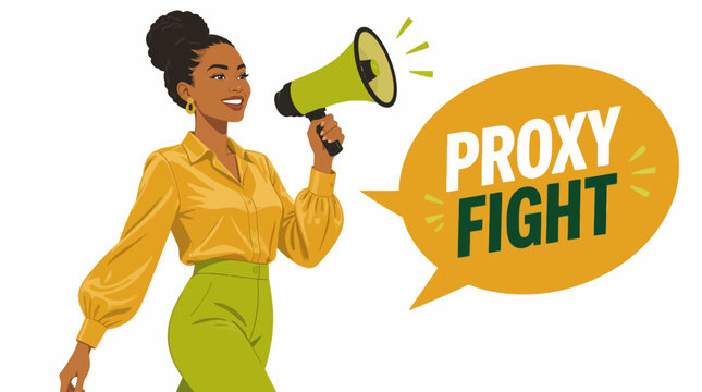 Woman holding megaphone with proxy fight text.