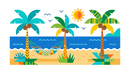 Obraz premium Vibrant Tropical Beach Scene with Palm Trees Hammock Sun and Ocean Waves in Flat Design Style