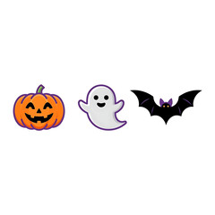 Fototapeta premium Cute Halloween Elements Collection Featuring A Smiling Jack O Lantern Pumpkin A Friendly Spooky Ghost And A Flying Bat Isolated Icon Set