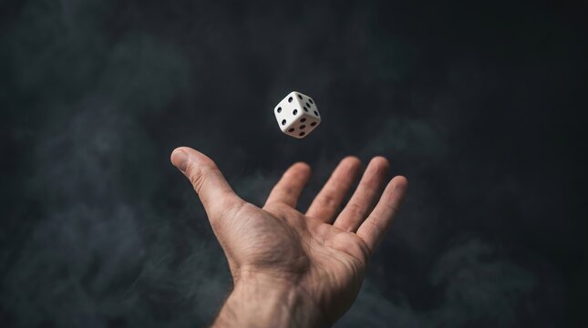 Hand tossing a white six-sided die in mid-air against a dark smoky background, showcasing the motion and randomness of a dice roll