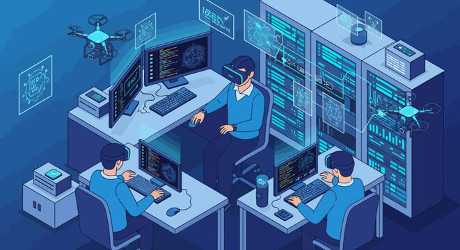 People using virtual reality headsets in a futuristic technology control room.