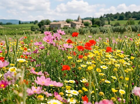 Colorful flowers blooming in summer meadow