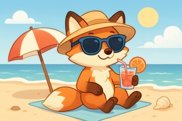 Fototapeta premium Cute fox relaxing beach scene.