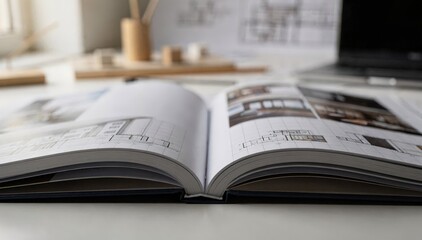 Fototapeta premium Largeformat architecture book open wide sharp focus on the detailed layout and binding edge with a softly blurred creative workspace behind.