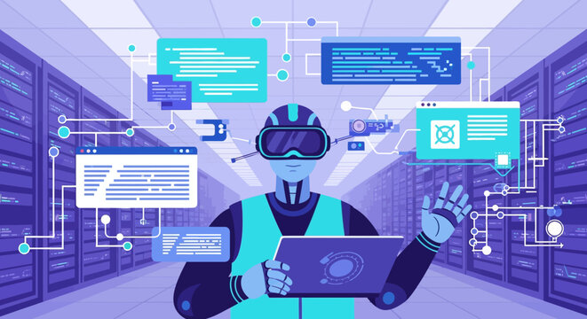 Robot wearing virtual reality headset interacting with digital interfaces in server room.