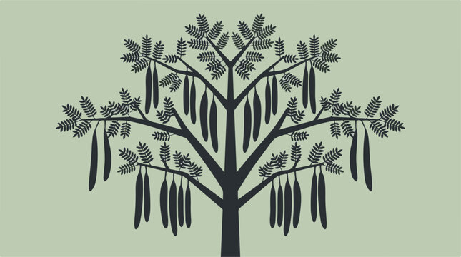 Symmetrical carob tree vector illustration, evergreen ceratonia siliqua with seed pods, botanical plant silhouette for organic food packaging