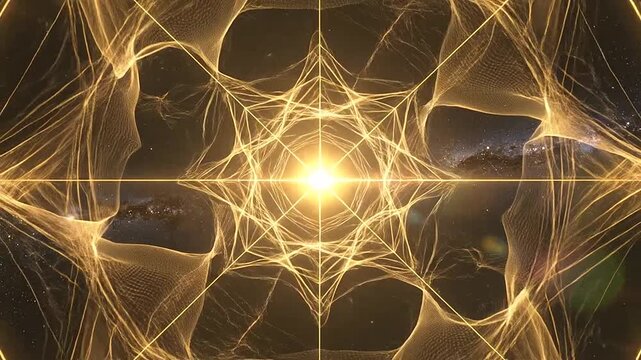 Golden sacred geometry mandala glowing in deep space with stars