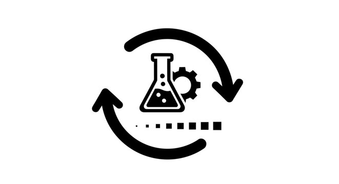 Chemical flask with gears and circular arrows icon.