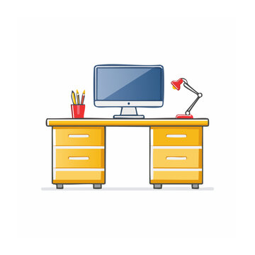 Flat vector illustration of office desk with computer and accessories
