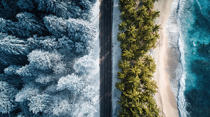 Obraz premium Aerial view of road separating snowy forest and tropical beach, blending winter and summer landscapes in striking contrast.