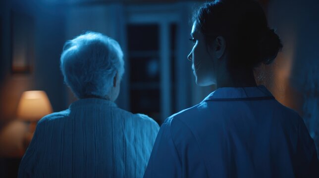 Medium shot of a quiet overnight caregiver observing a senior with dementia calmly present and preventing restless wandering in a lowlight setting.