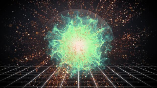 Radiant green energy sphere exploding with golden particles across a digital grid in this dynamic motion video footage