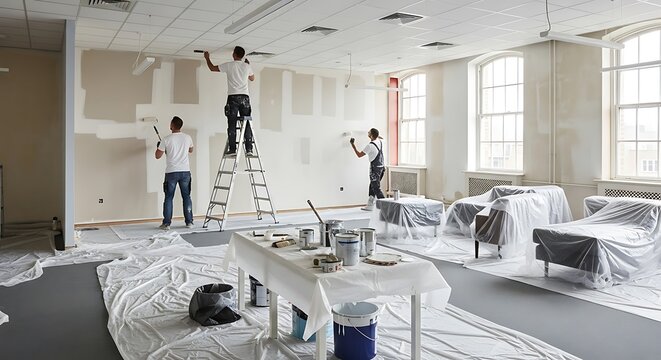 Painters Renovating Office Space with Drop Cloths.