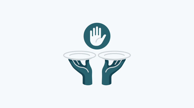 Abstract illustration of two hands holding plates with a stop hand gesture icon above.