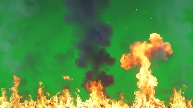 Bright orange flames burning against a solid green screen background
