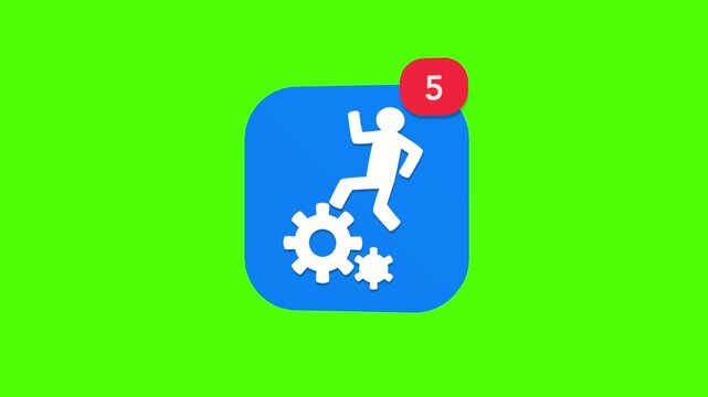A 3D person silhouette running sprinting on rotating mechanical gears industry workflow notification icon popping up and rotating on a green screen chroma key background with a red number counter anim
