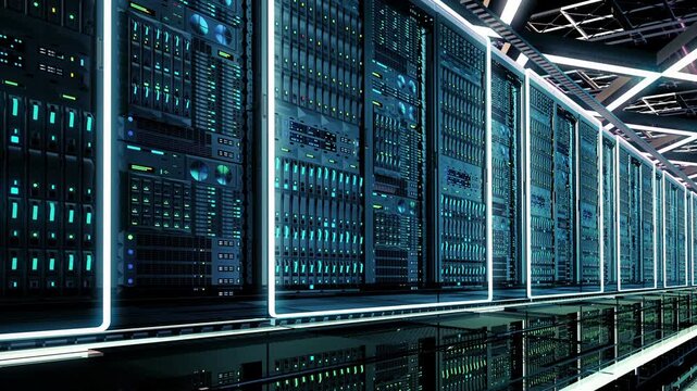 Abstract data center server room racks with glowing light lines. Futuristic loop animation of a mainframe supercomputer corridor for cloud computing and AI internet infrastructure with camera zoom for