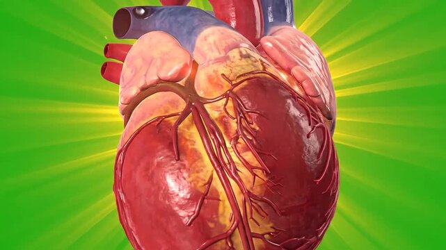 Anatomical human heart model with glowing light rays on green background