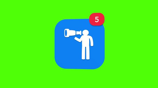 A 3D person silhouette looking searching through binoculars vision exploration business notification icon popping up and rotating on a green screen chroma key background with a red number counter anim