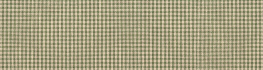 Green and beige checkered gingham fabric texture with a rustic linen weave.