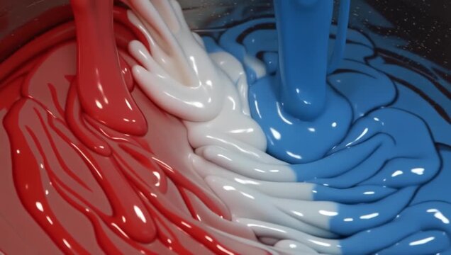 Flawless Pour of Thick Red White and Blue Paint Streams Folding and Interlocking Together
