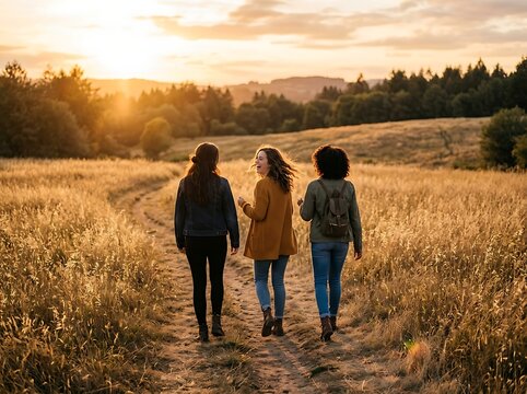 Three women walking on a dirt path through a golden field at sunset.