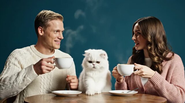 Happy couple toasting with coffee with their funny grumpy cat at table. Man and woman smiling together with white Persian pet