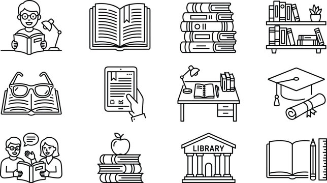 Education and Library Line Icons Set with Books, Reading, E Learning, Study and Academic Symbols