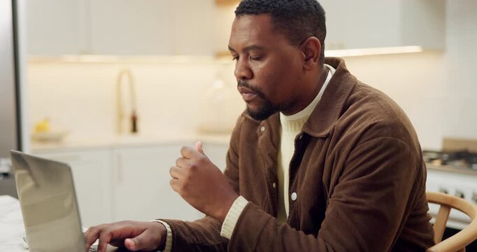 Man, thinking and laptop in home with remote work, check timesheet and report for HR administration. Human resources worker, black person and review payroll in house with computer, website and plan.