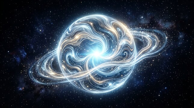 Glowing ethereal planet with swirling bright light patterns and luminous rings floating within the vast dark depth of outer space captured in a high resolution style.