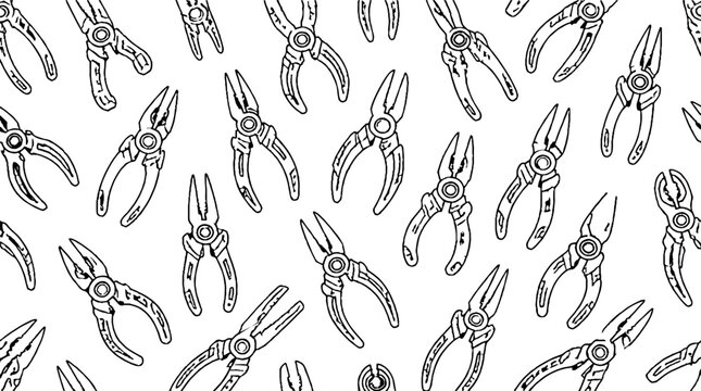 Repeating pattern of various pliers tools in black and white.