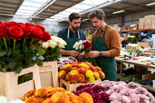 Professional flower wholesalers inspecting fresh cut flowers at a busy floral distribution center
