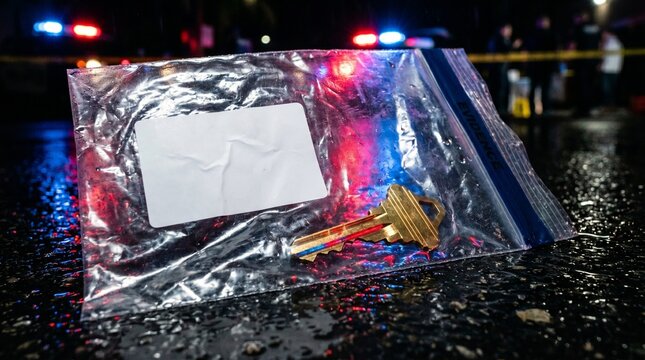 Plastic evidence bag containing keys on wet road with emergency police lights and crime scene tape