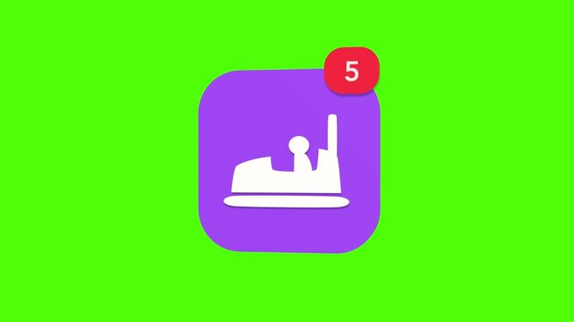 A 3D amusement theme park bumper car ride fairground entertainment notification icon popping up and rotating on a green screen chroma key background with a red number counter animation.