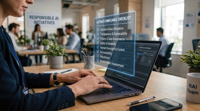 Responsible AI ethics compliance checklist, digital interface on laptop screen in modern office, artificial intelligence governance and regulation