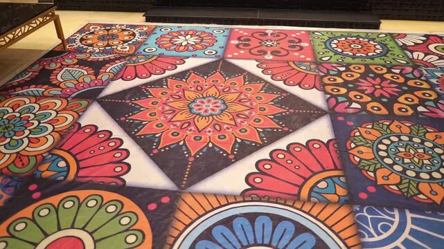 Close-up footage of a colorful decorative dance floor featuring vibrant floral and geometric patterns at an Asian wedding venue. Ideal for themes related to wedding celebrations, mehndi events, party 
