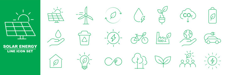 Naklejka premium Renewable energy and electric power icon vector set with solar panels, wind turbines, batteries, recycling, and eco technology symbols isolated on light background. Sustainability and green energy lin