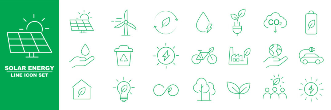 Renewable energy and electric power icon vector set with solar panels, wind turbines, batteries, recycling, and eco technology symbols isolated on light background. Sustainability and green energy lin