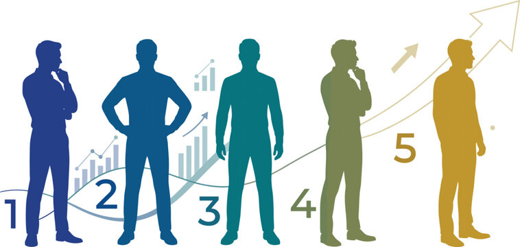 Business development steps, businessman silhouettes with growth chart, professional success progress infographics, career financial plan infographic